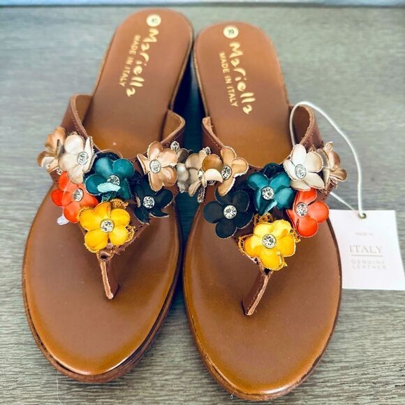 Mariella Italian Leather Multi Floral Sandals Shoes - Picture 1 of 6